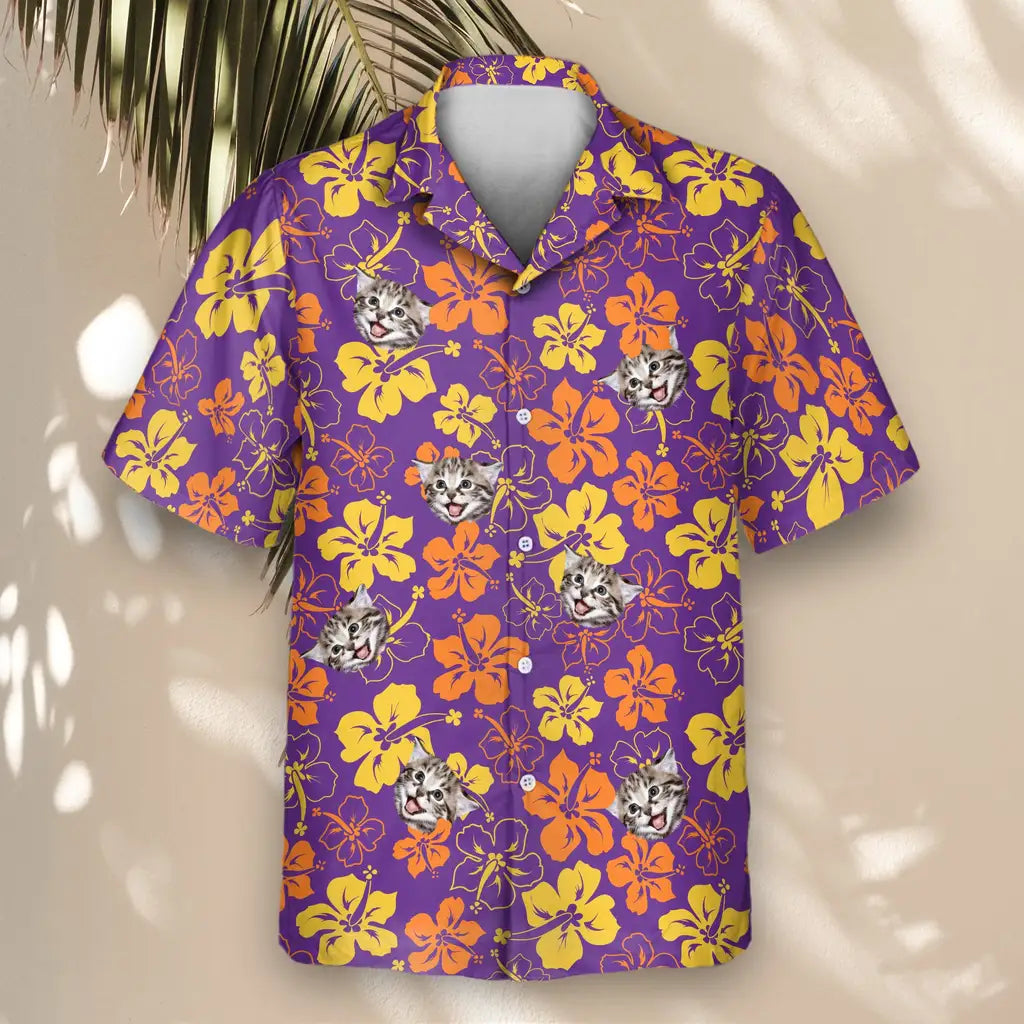 Custom Face &amp; Logo Purple Floral Hibiscus Hawaiian Shirt | Custom Gift for Beach Vacation &amp; Cruises