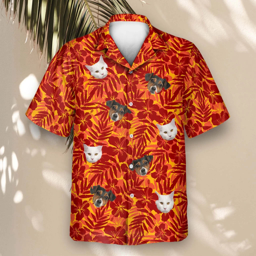Custom Face &amp; Logo Red and Orange Tropical Silhouettes Hawaiian Shirt | Unique Summer Beach Gift for Men