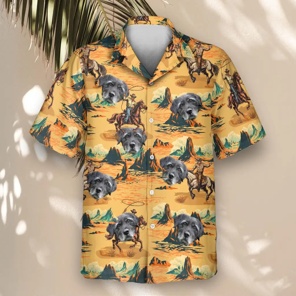 Custom Face &amp; Logo Retro Cowboy Rider Hawaiian Shirt | Perfect Vacation &amp; Tropical Party Wear