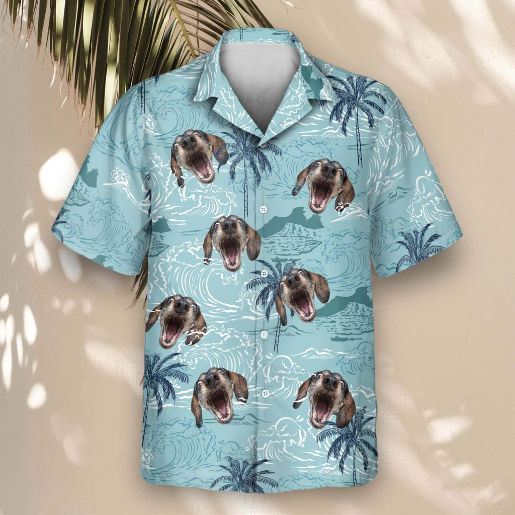 Custom Face &amp; Logo Retro Ocean Wave Hawaiian Shirt | Perfect Vacation &amp; Tropical Party Wear