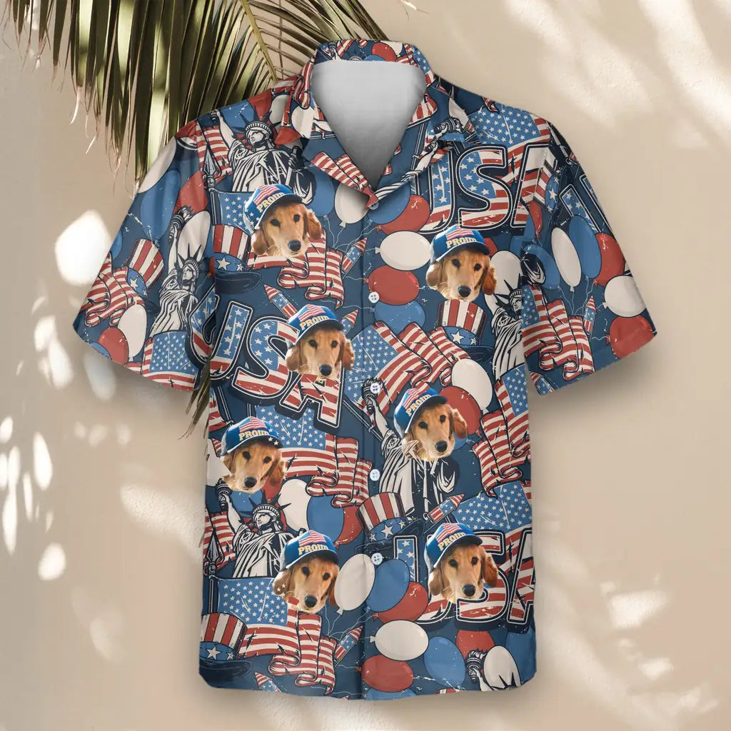 Custom Face &amp; Logo Retro USA Flag Hawaiian Shirt | Perfect Vacation &amp; Tropical Party Wear