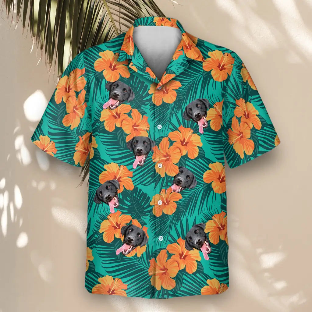 Custom Face &amp; Logo Tropical Flowers and Palm Leaves Hawaiian Shirt | Unique Summer Beach Gift for Men
