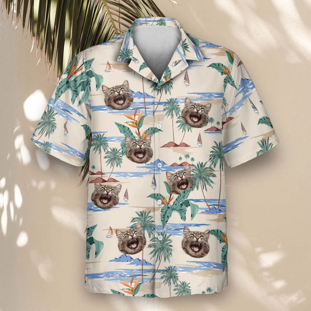 Custom Face &amp; Logo Tropical Island Paradise Hawaiian Shirt | Unique Summer Beach Gift for Men