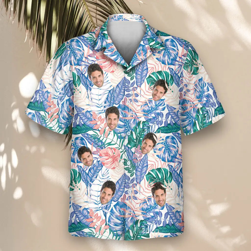 Custom Face &amp; Logo Tropical Leaf Fusion Hawaiian Shirt | Unique Summer Beach Gift for Men