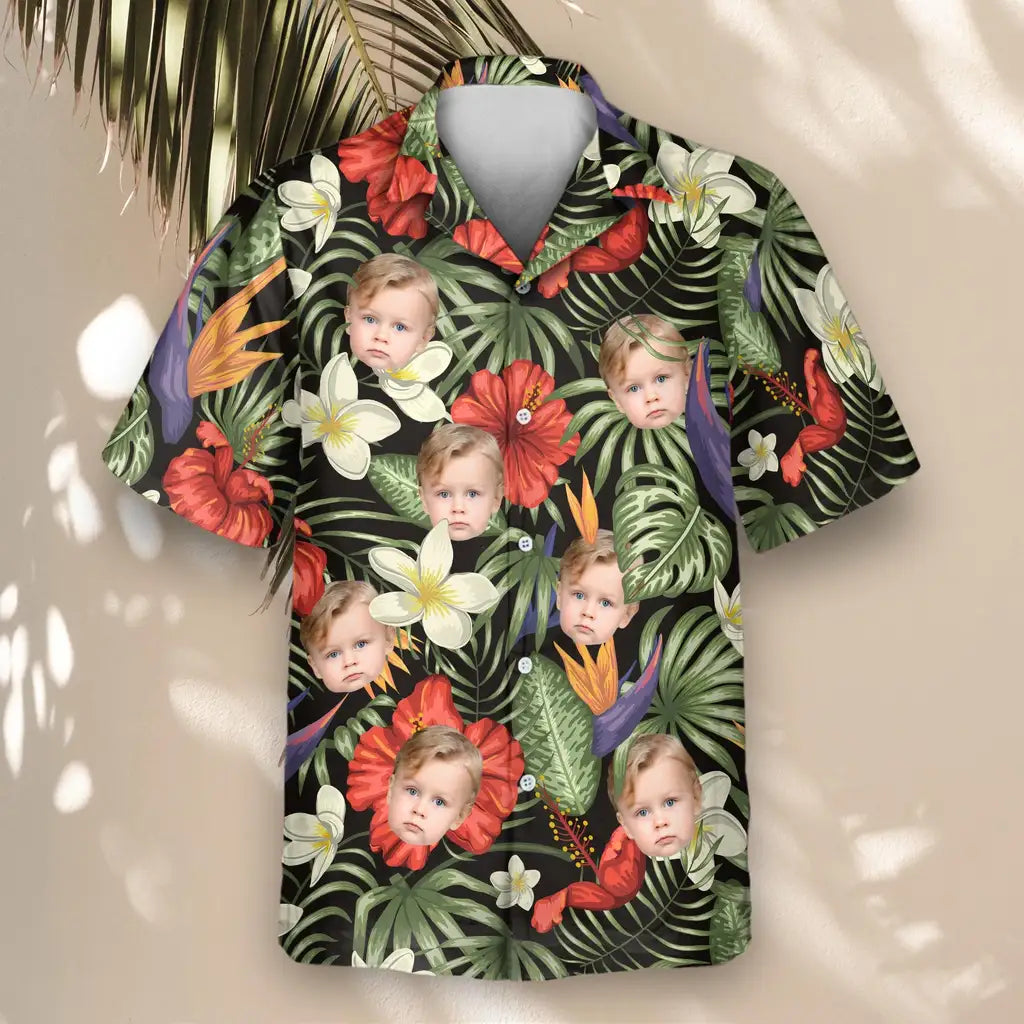 Custom Face &amp; Logo Tropical Oasis Hawaiian Shirt | Unique Summer Beach Gift for Men