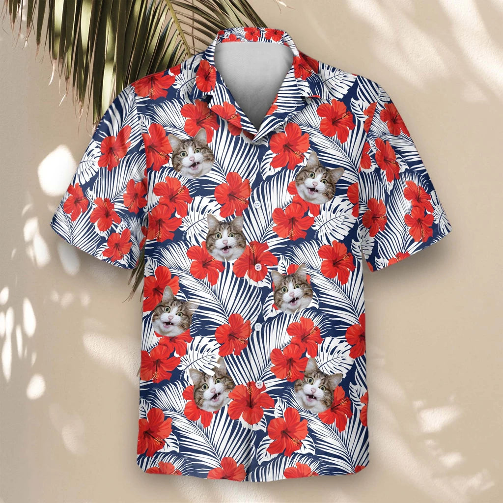 Custom Face &amp; Logo Red Hibiscus Tropics Hawaiian Shirt | Custom Gift for Beach Vacation &amp; Cruises