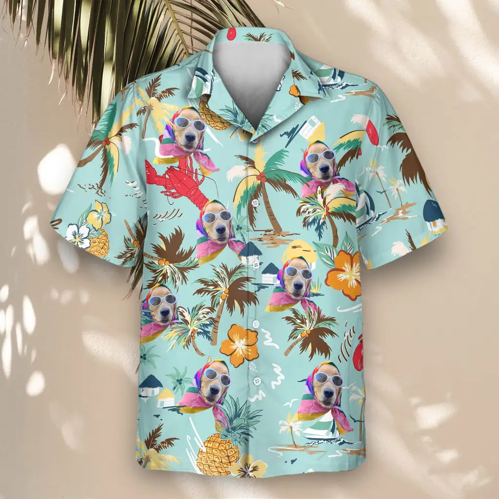 Custom Face &amp; Logo Turquoise Tropical Island Hawaiian Shirt | Unique Summer Beach Gift for Men