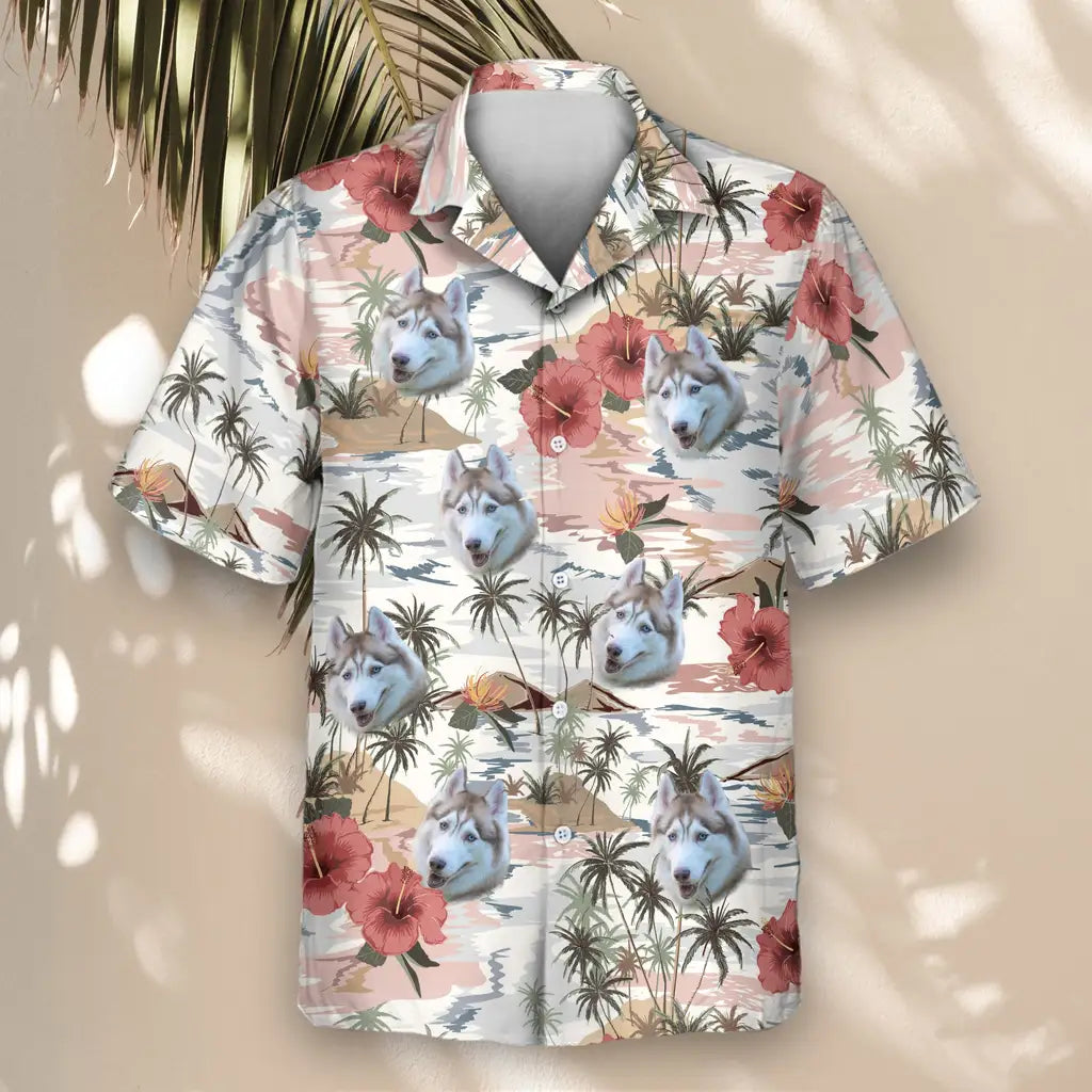Custom Face &amp; Logo Vintage Island Palm Hibiscus Hawaiian Shirt | Perfect Vacation &amp; Tropical Party Wear