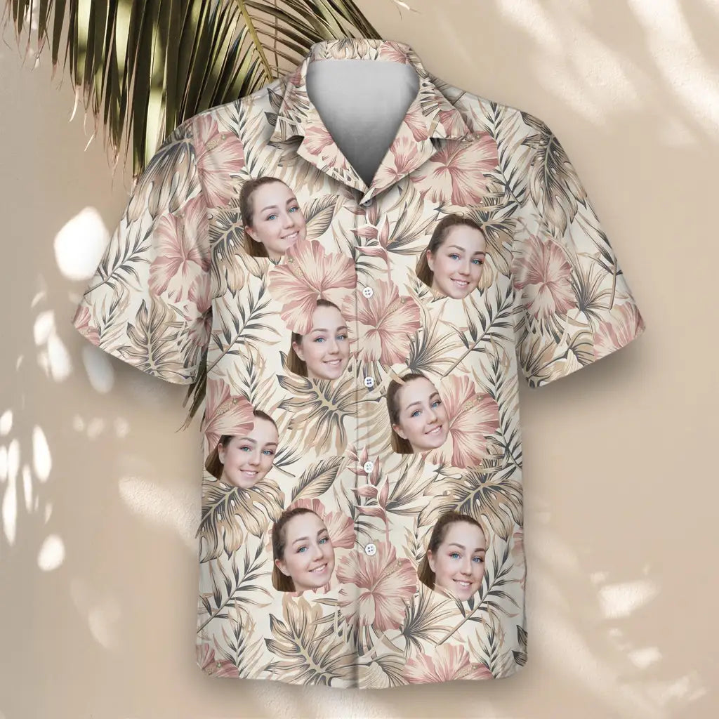 Custom Face &amp; Logo Vintage Palm Hibiscus Hawaiian Shirt | Perfect Vacation &amp; Tropical Party Wear