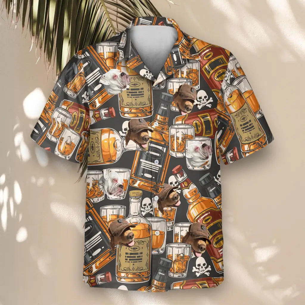 Custom Face &amp; Logo Whiskey &amp; Skulls Retro Hawaiian Shirt | Perfect Vacation &amp; Tropical Party Wear