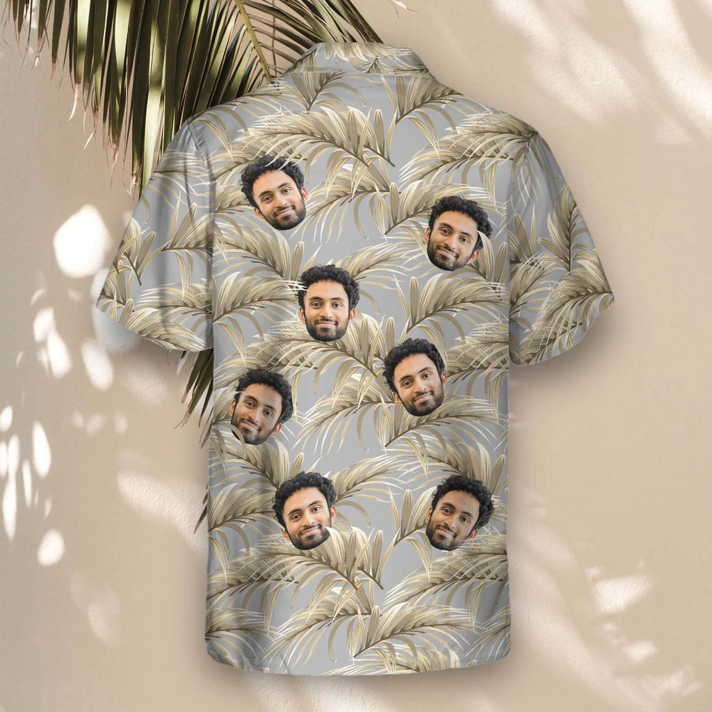 Custom Face &amp; Logo Golden Palm Leaves Hawaiian Shirt | Unique Summer Beach Gift for Men