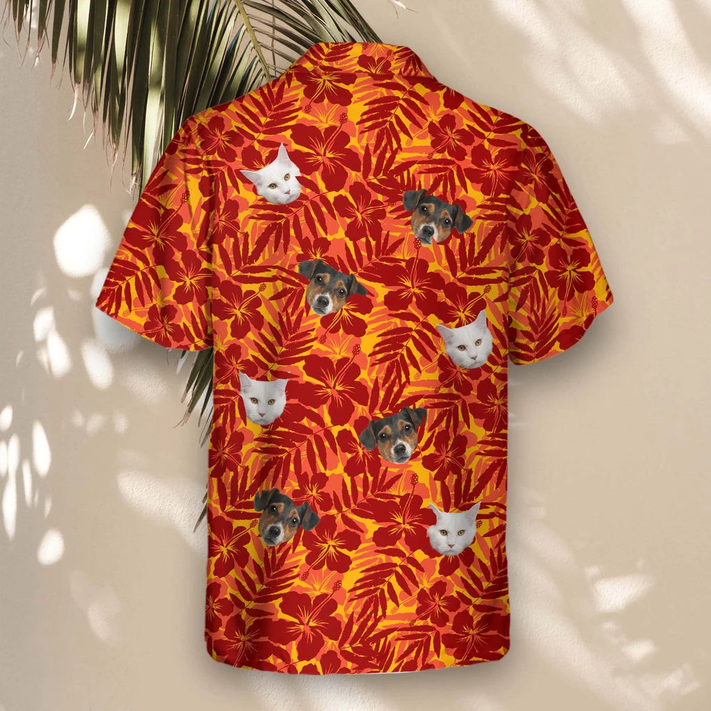 Custom Face &amp; Logo Red and Orange Tropical Silhouettes Hawaiian Shirt | Unique Summer Beach Gift for Men
