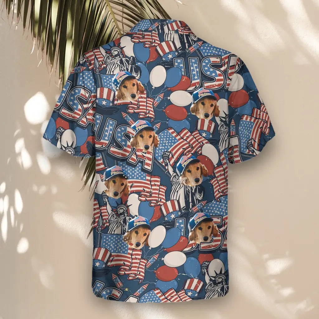 Custom Face &amp; Logo Retro USA Flag Hawaiian Shirt | Perfect Vacation &amp; Tropical Party Wear