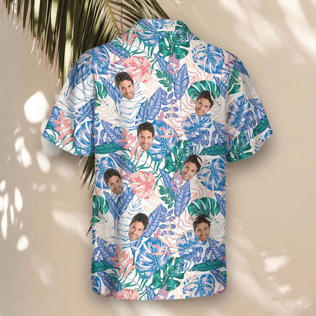 Custom Face &amp; Logo Tropical Leaf Fusion Hawaiian Shirt | Unique Summer Beach Gift for Men