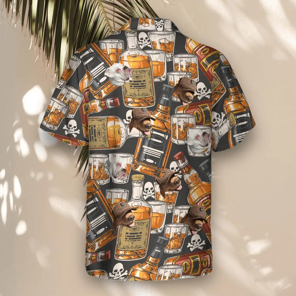 Custom Face &amp; Logo Whiskey &amp; Skulls Retro Hawaiian Shirt | Perfect Vacation &amp; Tropical Party Wear
