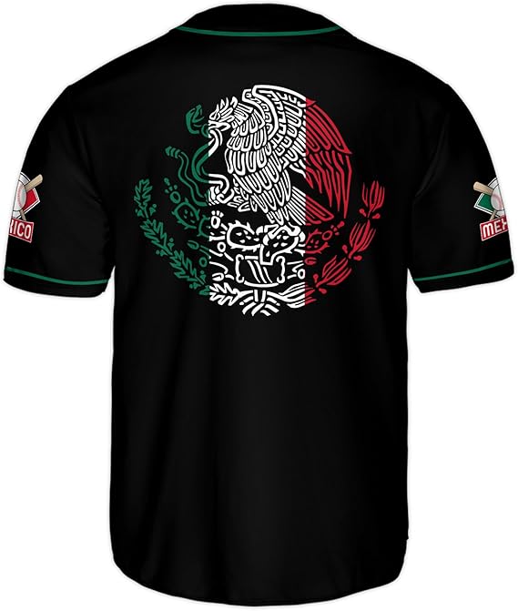 Mexico Baseball Jersey - Classic Black Shirt with Flag Patch & Green Trim