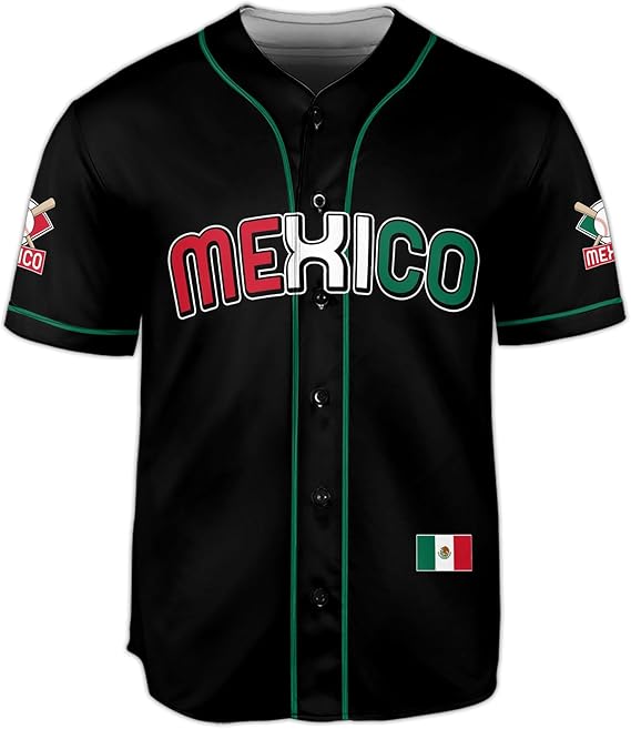 Mexico Baseball Jersey - Classic Black Shirt with Flag Patch & Green Trim
