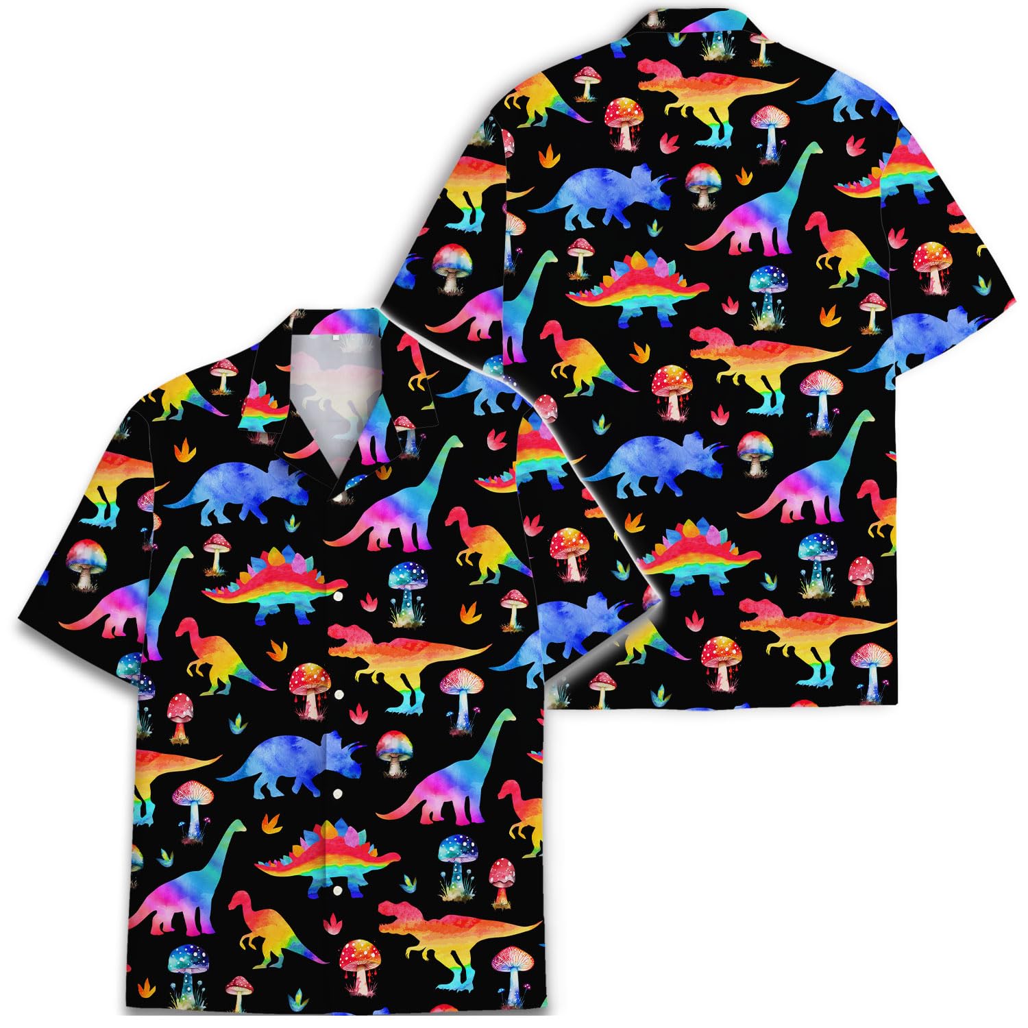 Rainbow Dinosaur Mushroom Hawaiian Shirt - Trippy Dino Aloha Shirt for Summer Fun