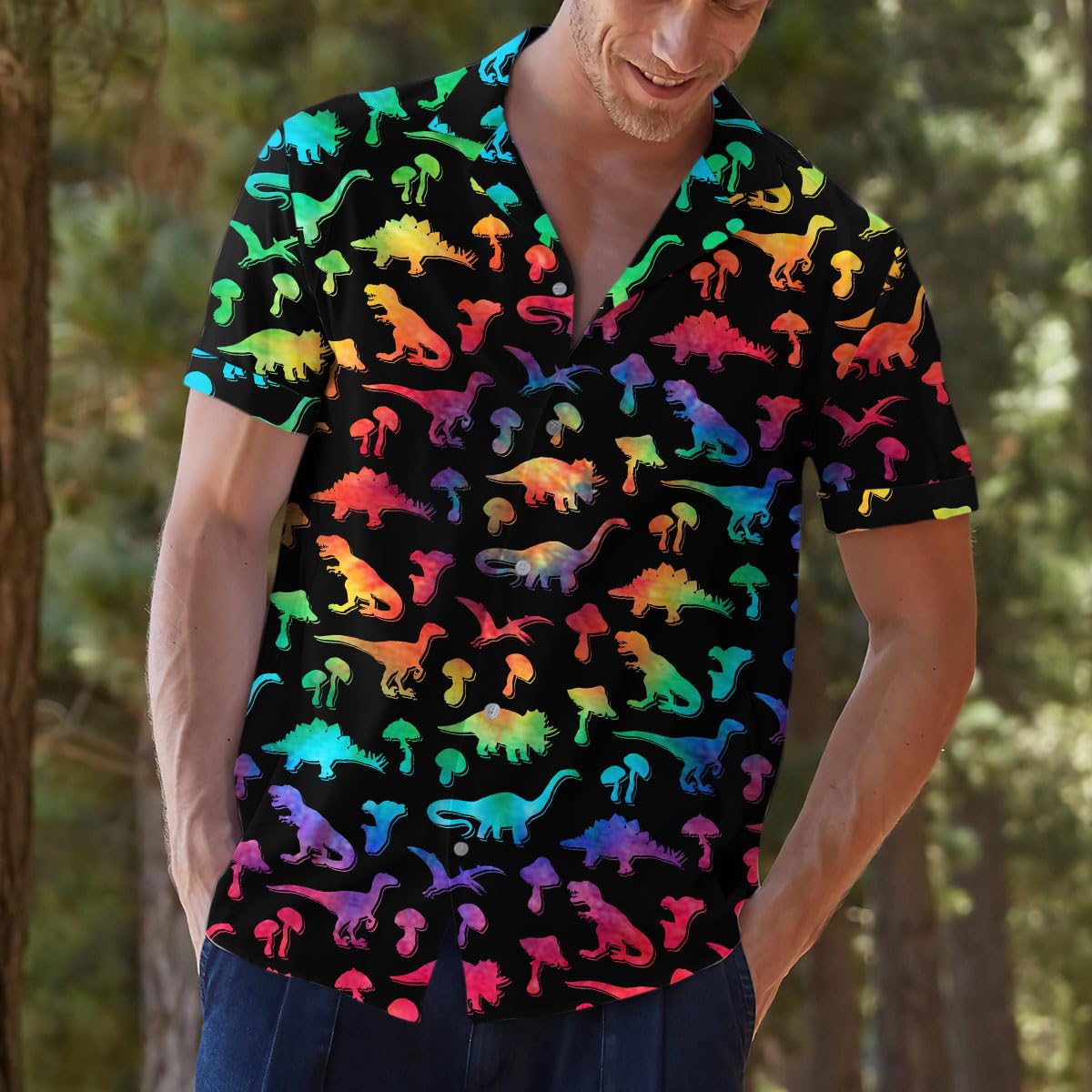 Rainbow Dinosaur Hawaiian Shirt - Colorful Dino & Mushroom Print