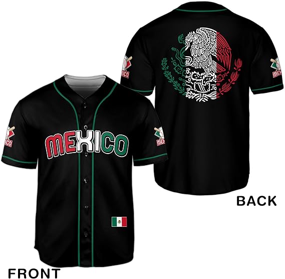 Mexico Baseball Jersey - Classic Black Shirt with Flag Patch & Green Trim