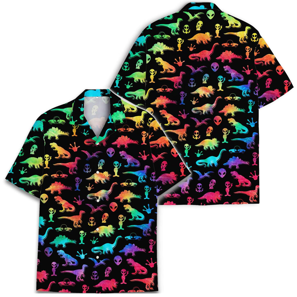 Rainbow Dinosaur Alien Hawaiian Shirt - Neon Galaxy Party Vibes