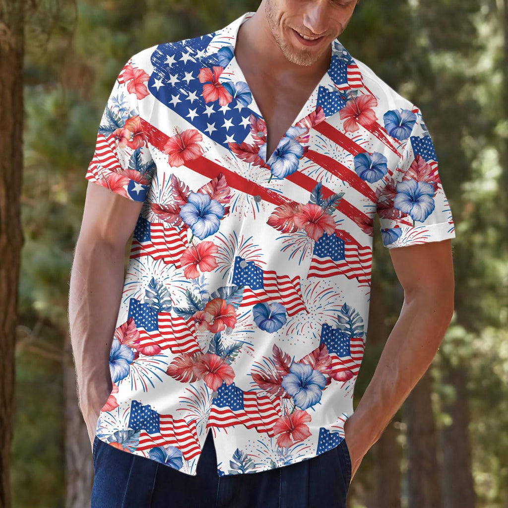 American Flag Fireworks Hawaiian Shirt - Patriotic 4th of July Style