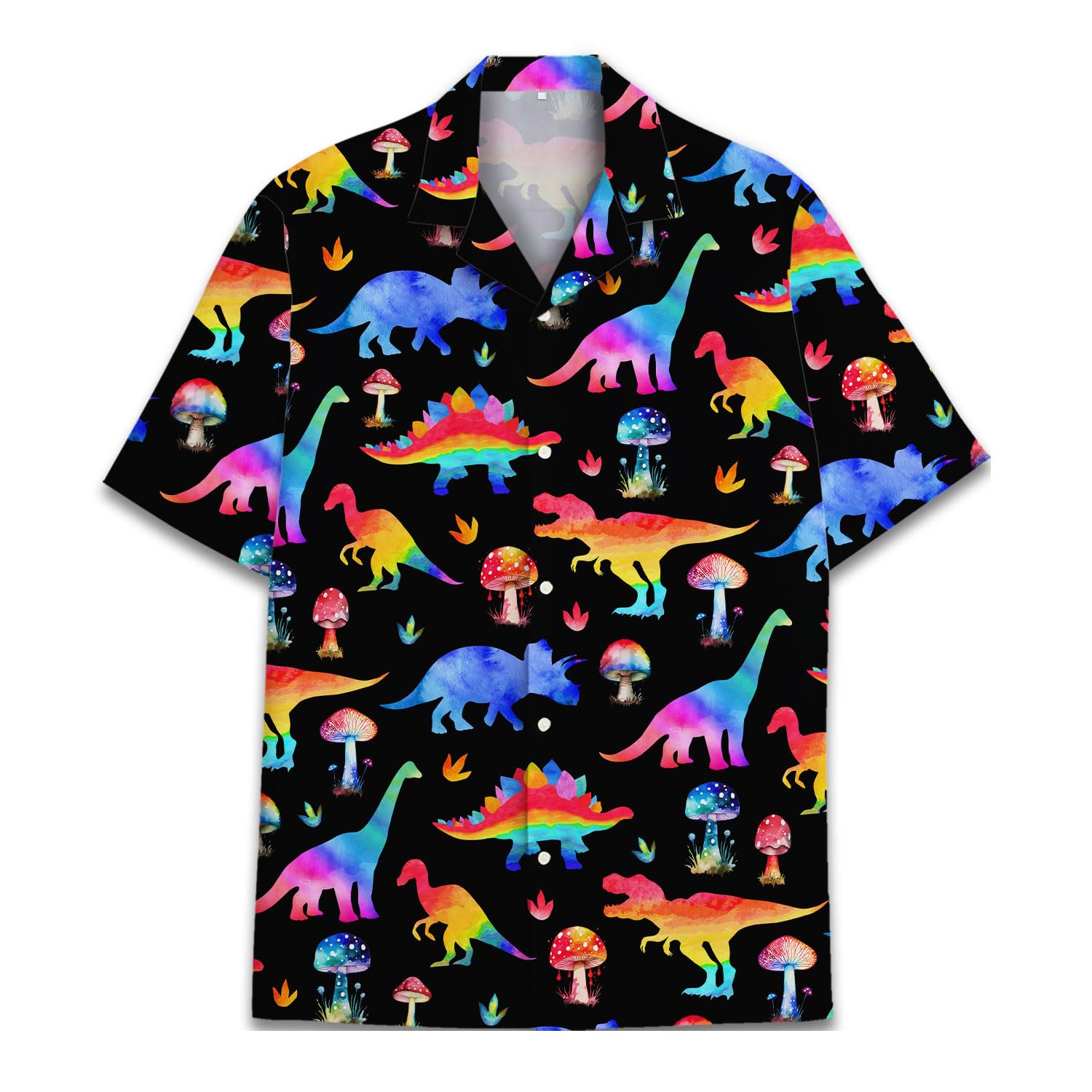 Rainbow Dinosaur Mushroom Hawaiian Shirt - Trippy Dino Aloha Shirt for Summer Fun
