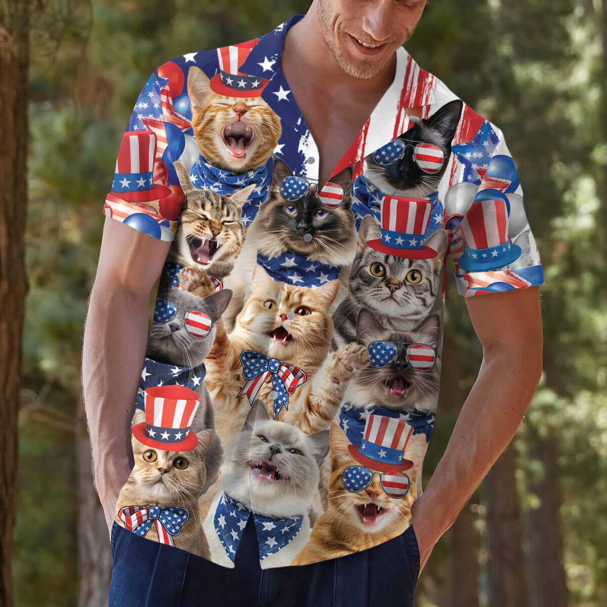 Patriotic Cats Hawaiian Shirt - Funny 4th of July Cat Party Shirt for Men & Women
