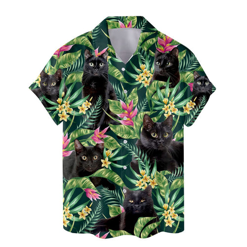 Black Cat Hawaiian Shirt - Tropical Jungle Aloha Shirt for Cat Lovers