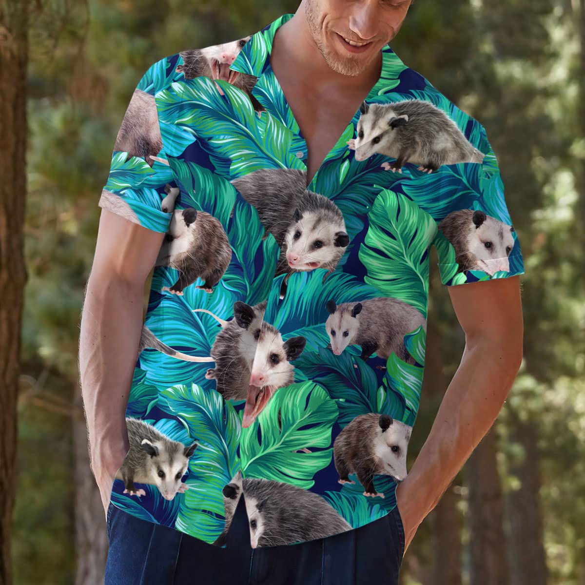 Funny Possum Hawaiian Shirt - Green Tropical Leaf Print Aloha Shirt
