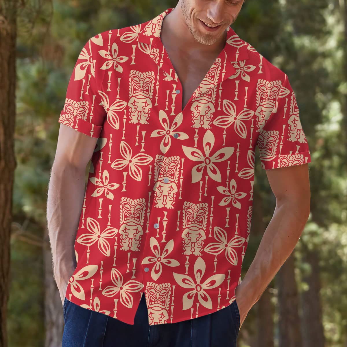 Red Tiki Hawaiian Shirt - Vintage Tribal Floral Print Aloha Beach Shirt