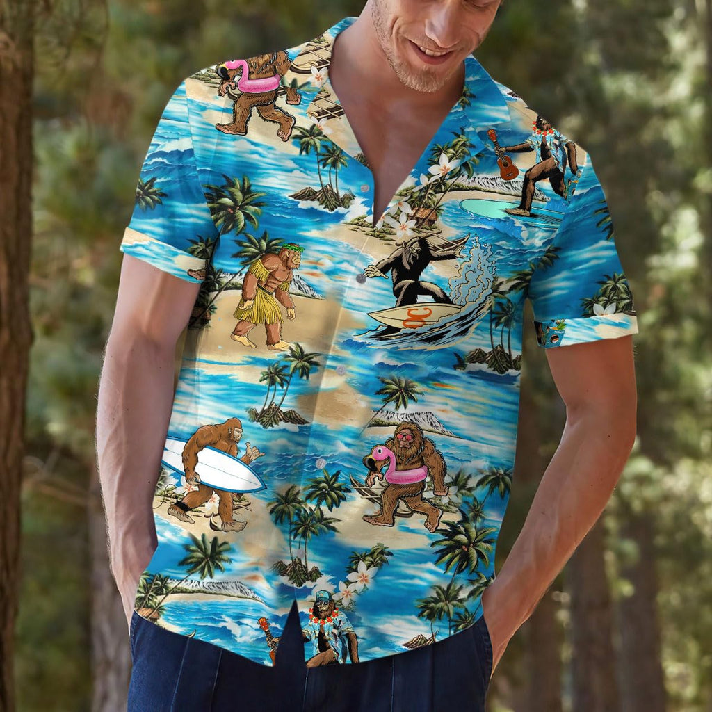 Funny Bigfoot Beach Hawaiian Shirt - Surfing Sasquatch Tropical Print