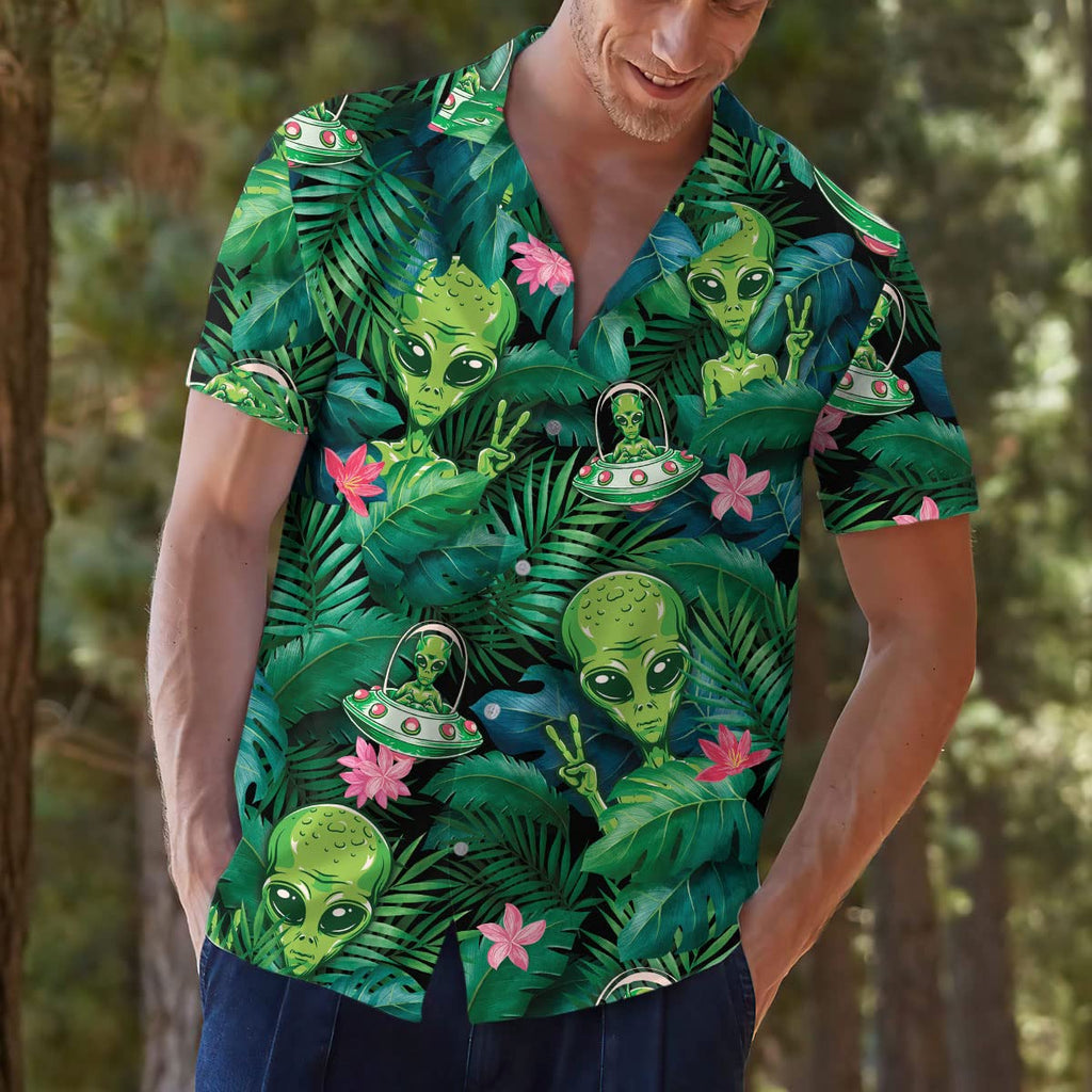 Alien Hawaiian Shirt - Funny UFO Aloha Shirt with Tropical Jungle & Peace Sign