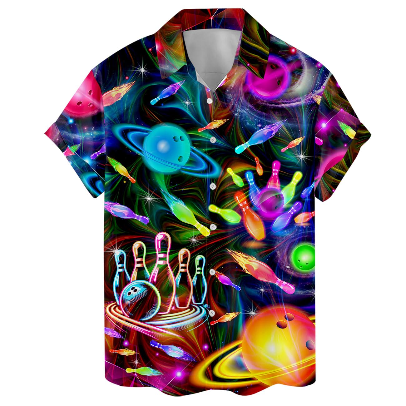 Galaxy Bowling Hawaiian Shirt - Cosmic Strikes & Neon Pins