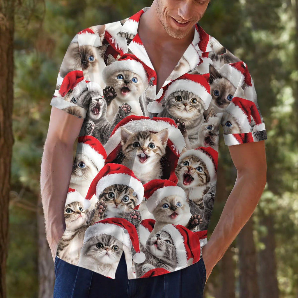 Christmas Cat Hawaiian Shirt - Cute Kittens in Santa Hats Aloha Shirt