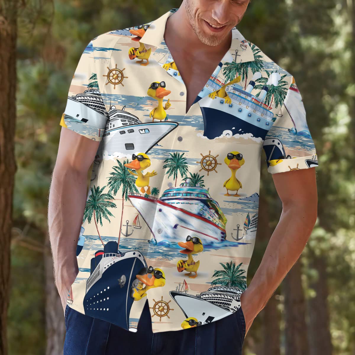 Cruise Duck Hawaiian Shirt - Funny Tropical Boat & Palm Print Aloha Shirt
