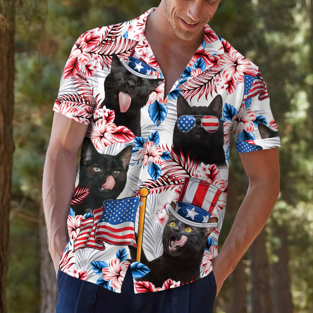 Black Cat Hawaiian Shirt - 4th of July Funny Patriotic Gift
