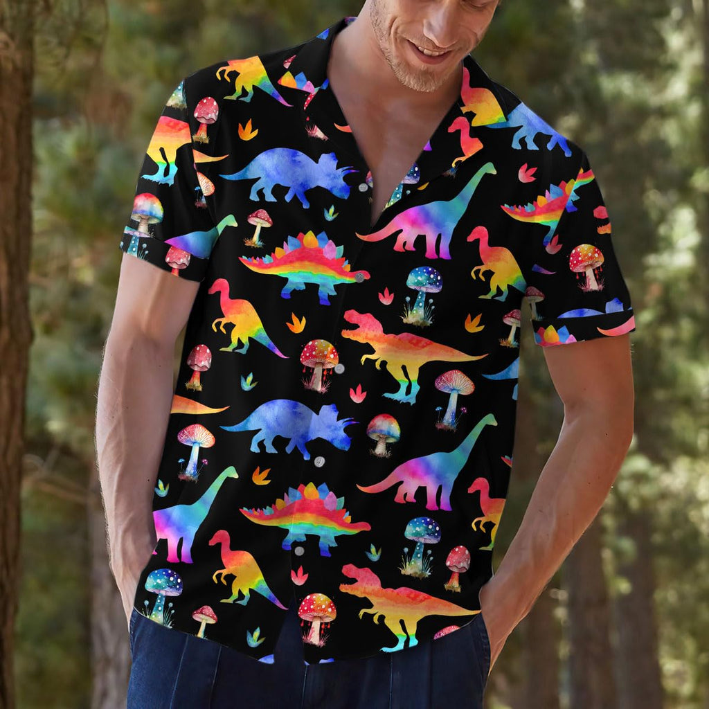 Rainbow Dinosaur Mushroom Hawaiian Shirt - Trippy Dino Aloha Shirt for Summer Fun