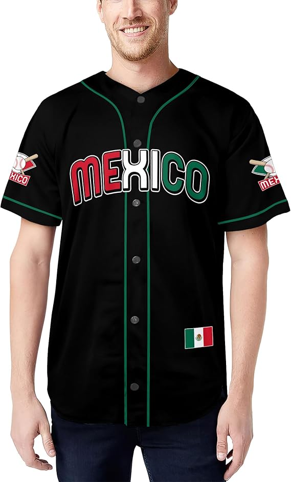 Mexico Baseball Jersey - Classic Black Shirt with Flag Patch & Green Trim