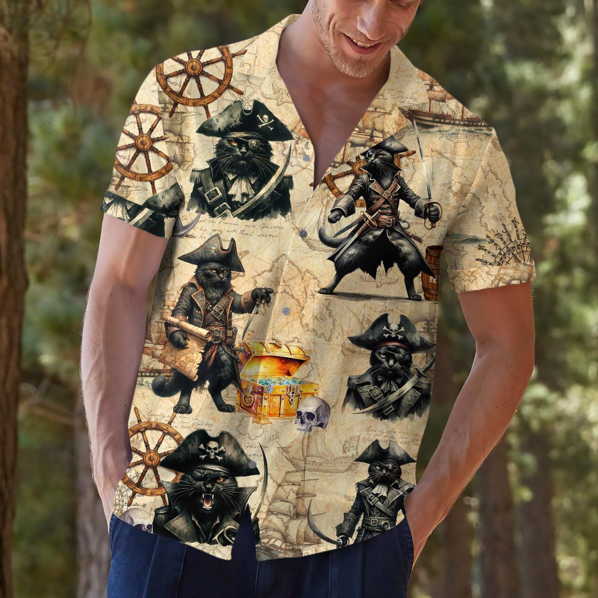Pirate Cat Hawaiian Shirt - Funny Tropical Pirate Treasure Map Shirt