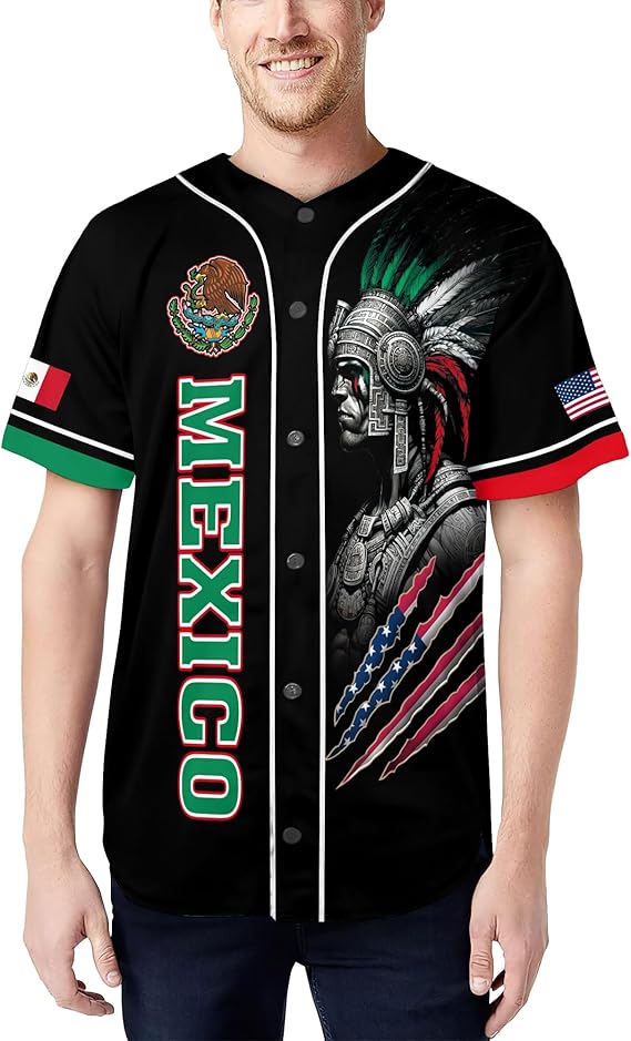 Mexico USA Baseball Jersey - Aztec Warrior & Flag Heritage Shirt