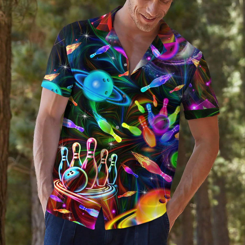 Galaxy Bowling Hawaiian Shirt - Cosmic Strikes & Neon Pins
