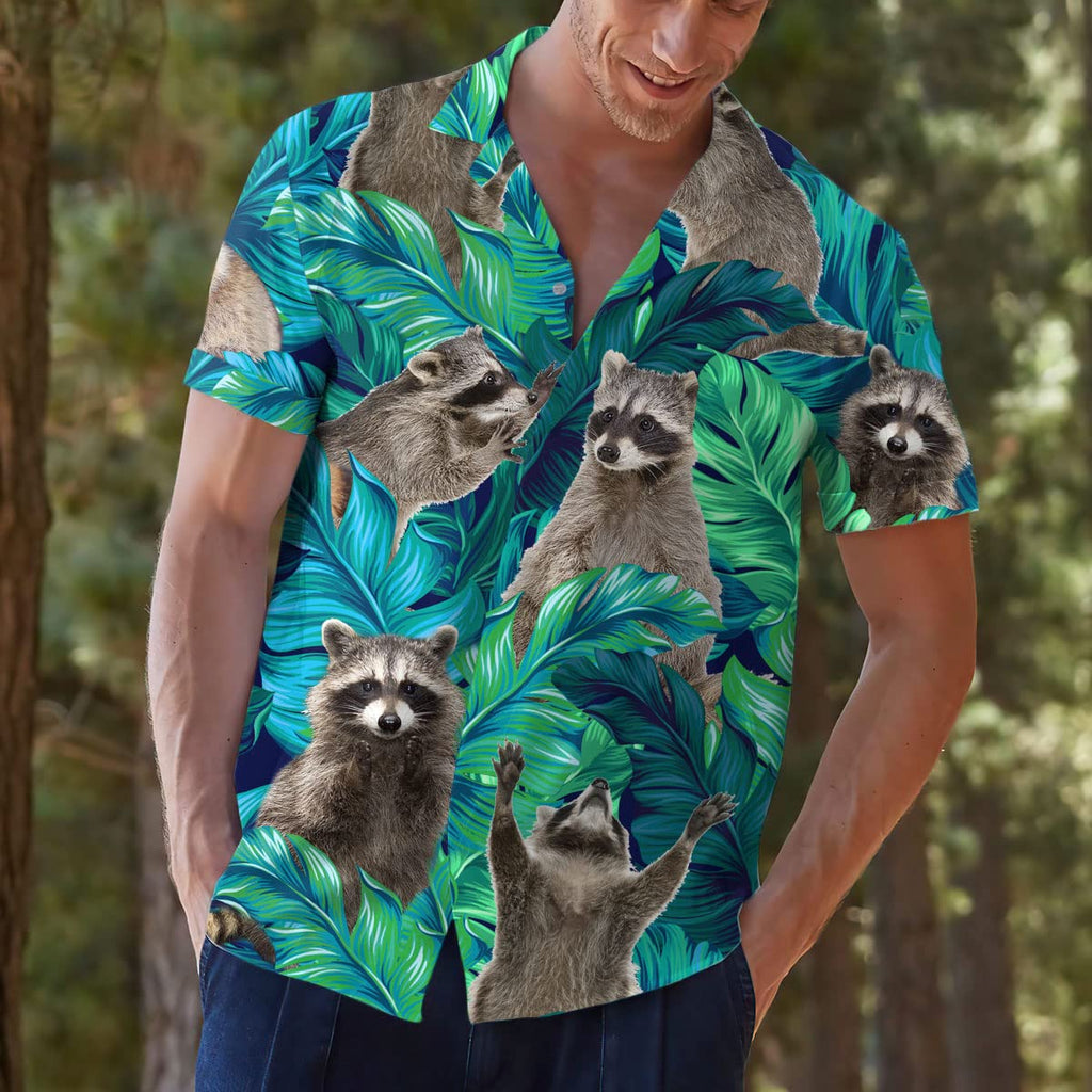 Funny Raccoon Hawaiian Shirt - Green Tropical Leaf Print Aloha Shirt
