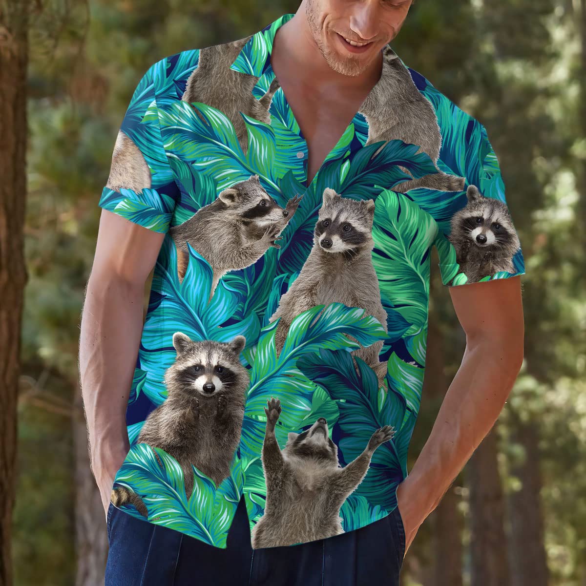 Funny Raccoon Hawaiian Shirt - Green Tropical Leaf Print Aloha Shirt