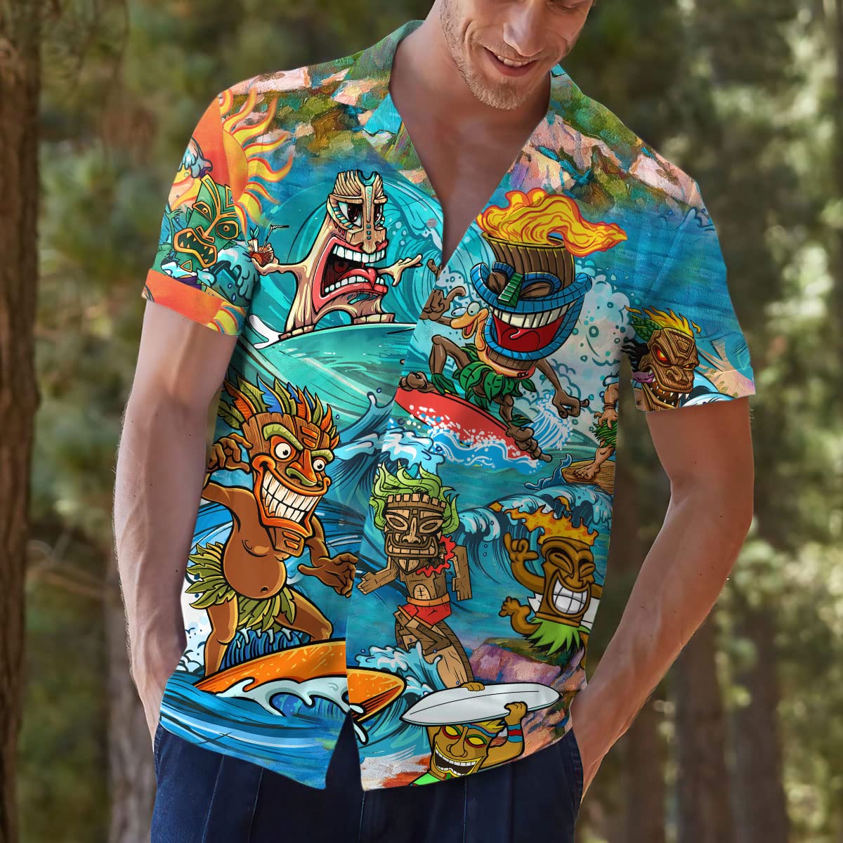 Men's Funny Tiki Hawaiian Shirt - Cartoon Surfing Tribal Print Aloha Beach Button Down