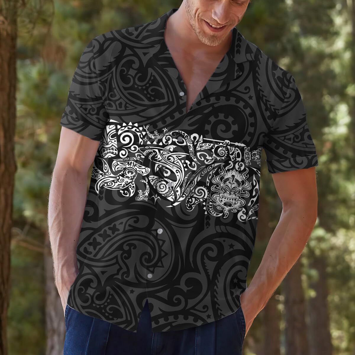 Black & White Polynesian Tribal Hawaiian Shirt - Island Warrior Style