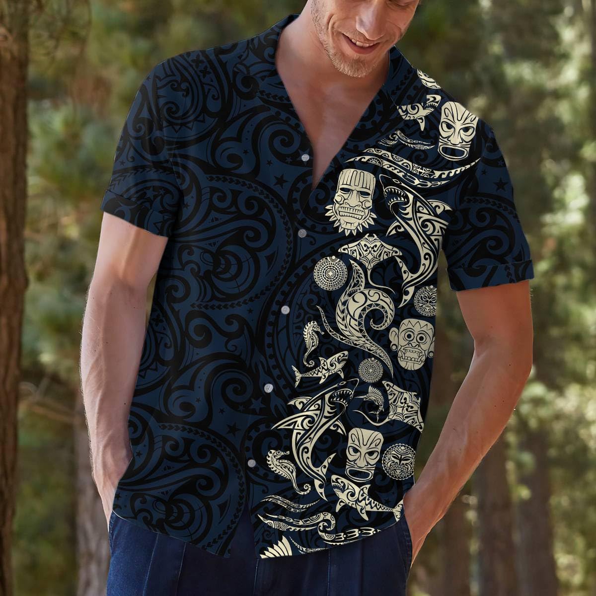 Polynesian Tribal Hawaiian Shirt - Black & Ivory Tiki Island Print