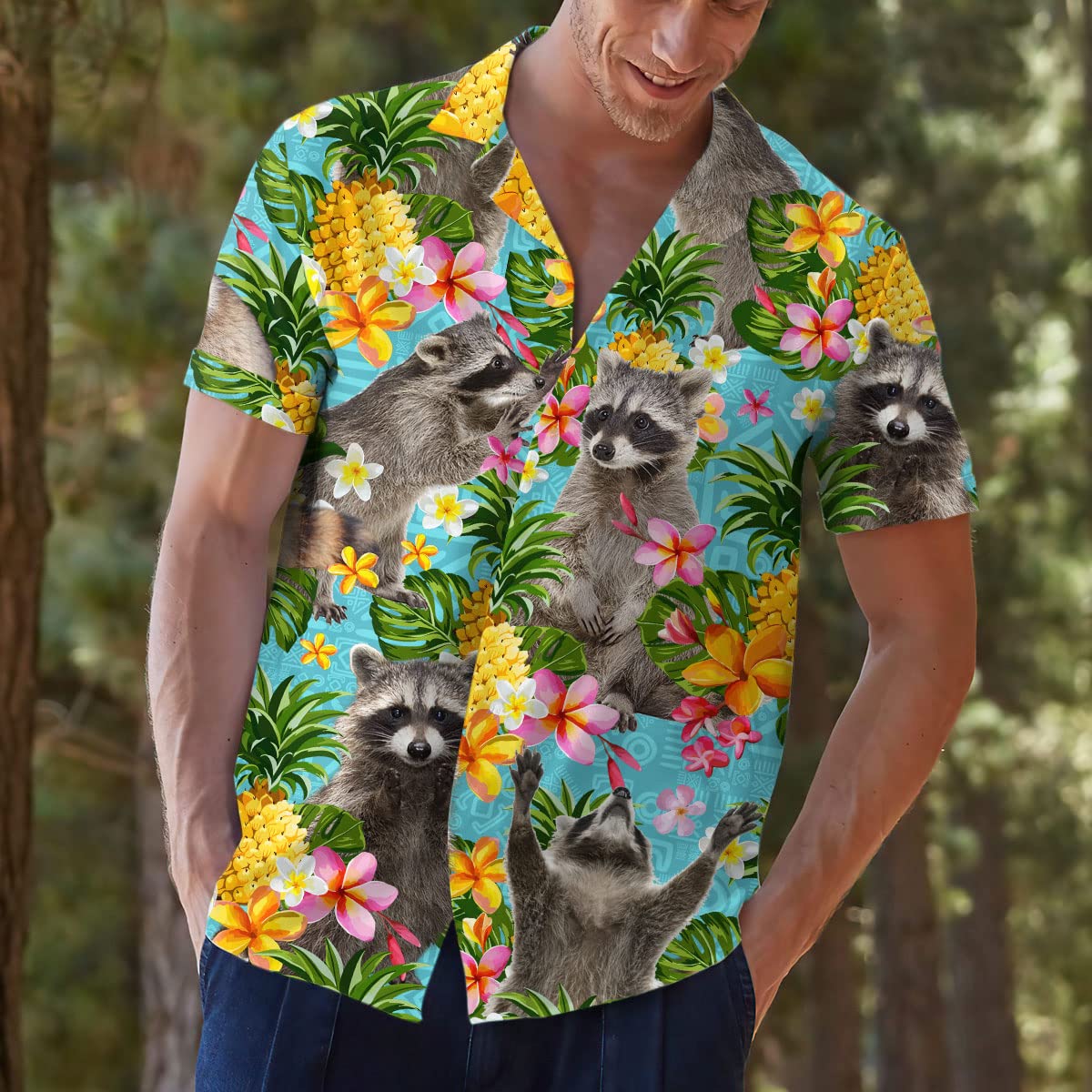 Funny Raccoon Hawaiian Shirt - Tropical Pineapple & Flower Print Aloha Shirt