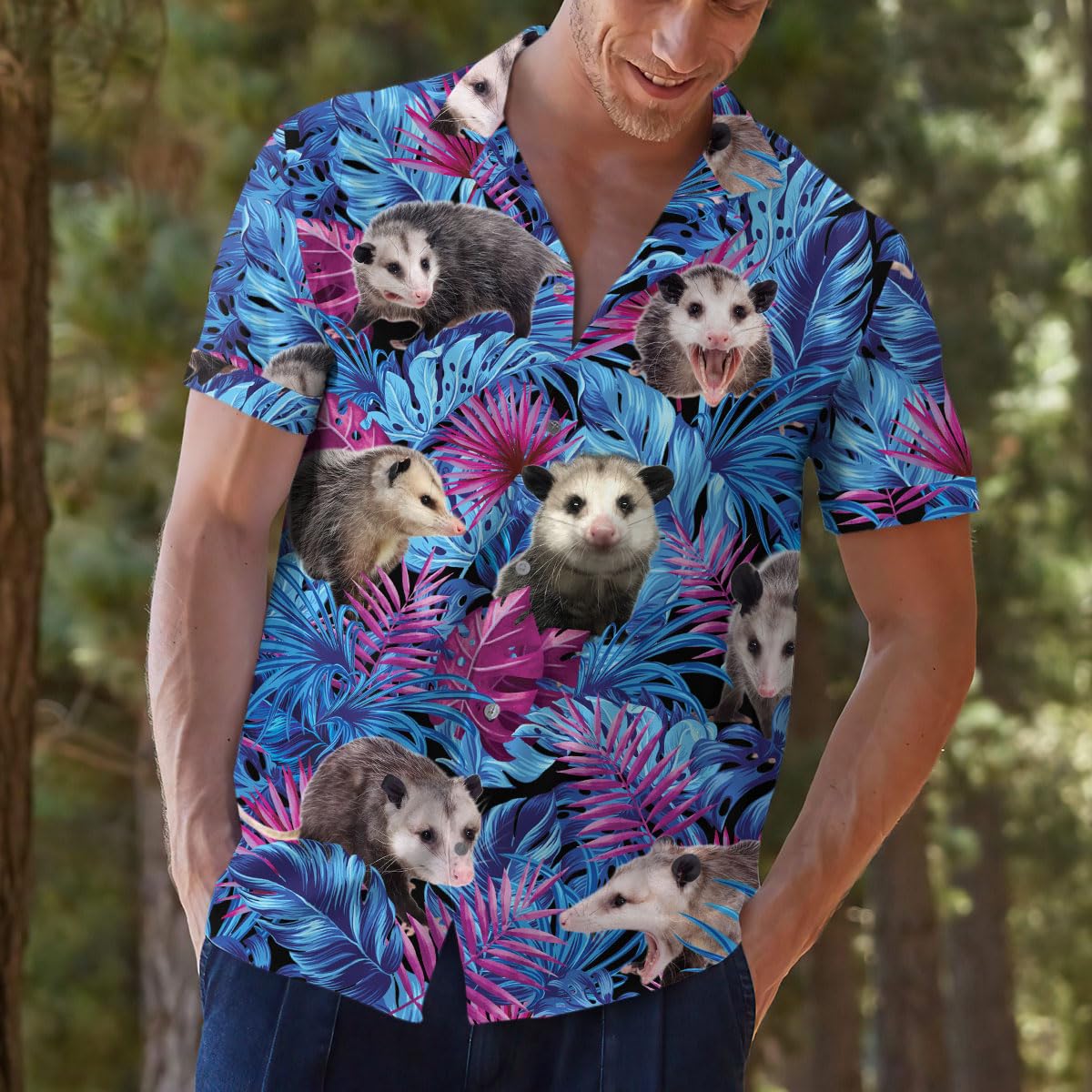 Funny Possum Hawaiian Shirt - Retro Opossum Print Aloha Party Top