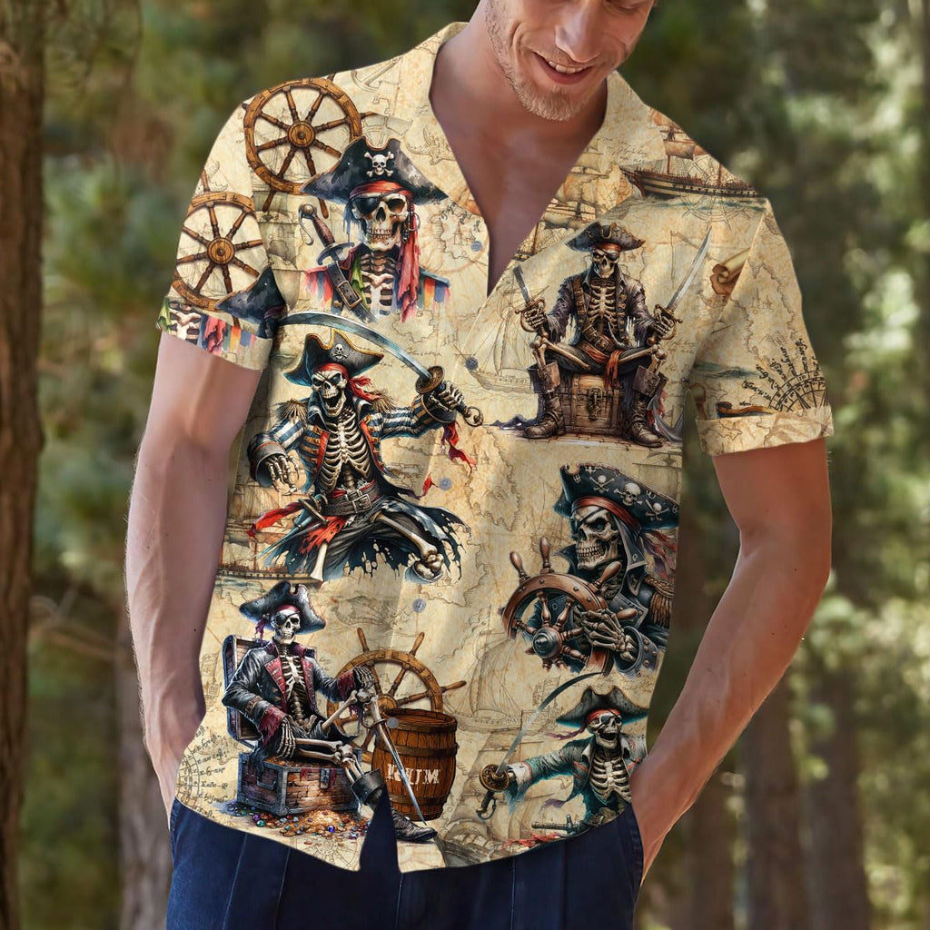 Skeleton Pirate Hawaiian Shirt - Halloween Pirate Aloha Shirt for Men